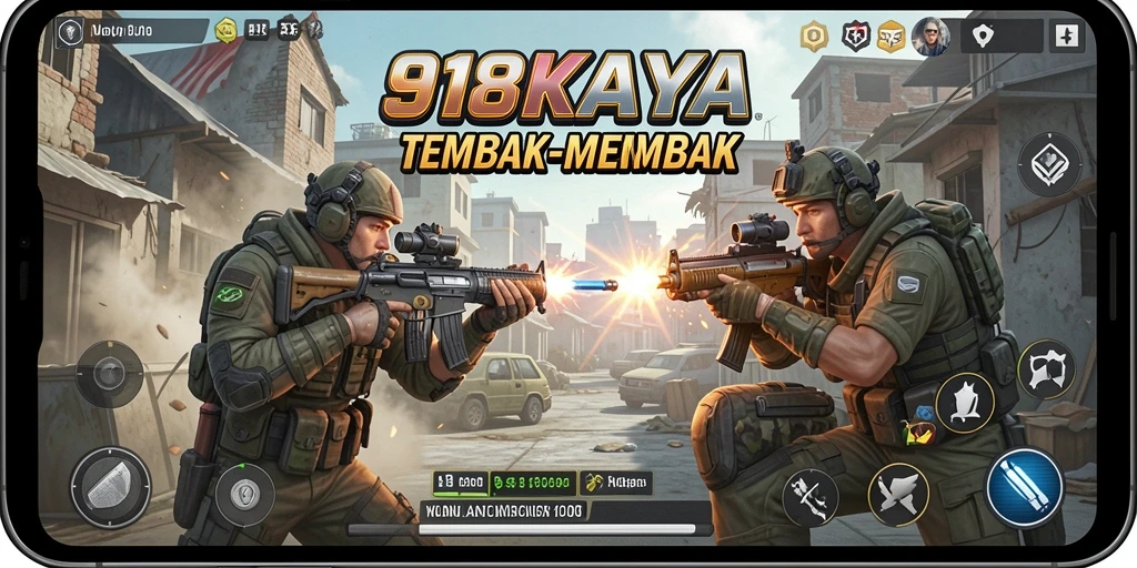 Tampilan gameplay intens dari 918KAYA dalam aksi tembak-menembak.