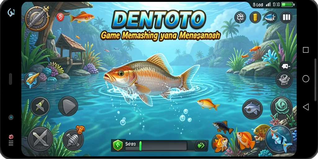 Screenshot menunjukkan pemain menangkap ikan besar dalam DENTOTO yang menantang.