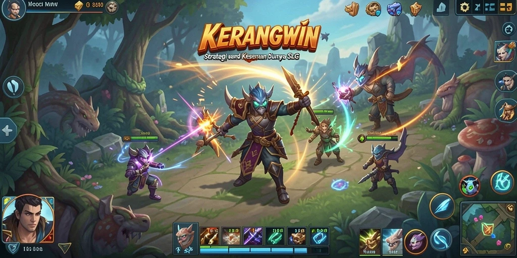 Tampilan gameplay KERANGWIN yang menampilkan pertarungan dan pengelolaan kerajaan.