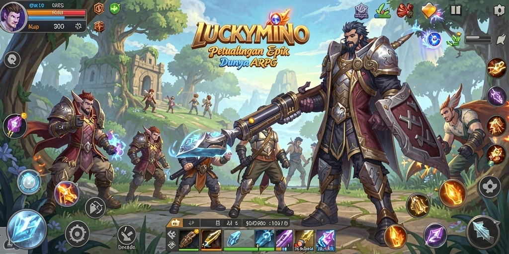 Tangkapan layar gameplay <strong>LUCKYMINO</strong> menunjukkan pertarungan epik di dunia fantasi.