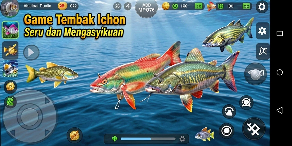 Screenshot gameplay MPO76 menampilkan aksi menembak ikan yang seru.