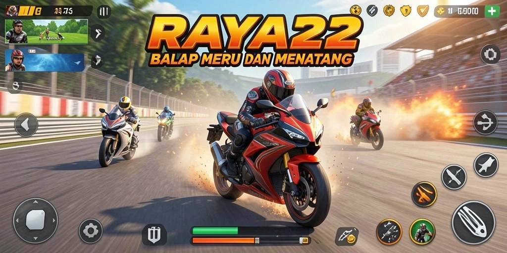 Gameplay RAYA22 dengan balapan motor penuh aksi.